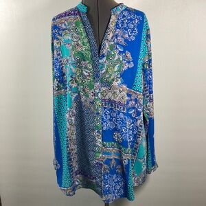 Joan Rivers Top/Blouse Women Size 14 Bright Floral V Neck Long Sleeve Comfy